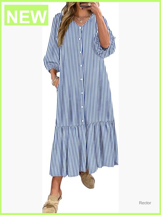 Dresses & Skirts - Boho Maxi Dress Puff Sleeve V Neck Flowy Long with Pockets